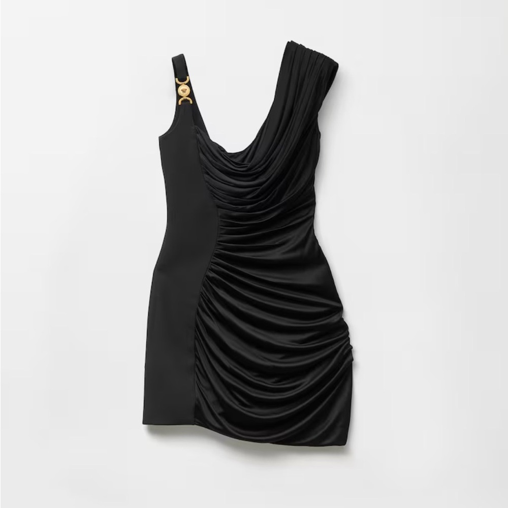 Versace Black Draped Mini Dress w/ Gold Accent (Envers-Satin Draped Mini Dress)